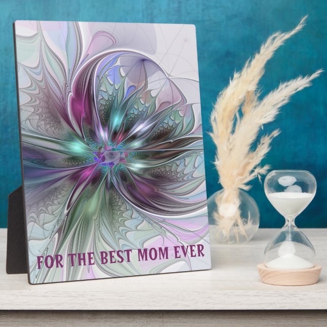 Colorful Fantasy Abstract Fractal Flower Best Mom Plaque (Side)