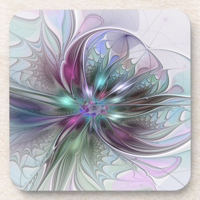 Colorful Fantasy Abstract Modern Fractal Flower Coaster (Front)