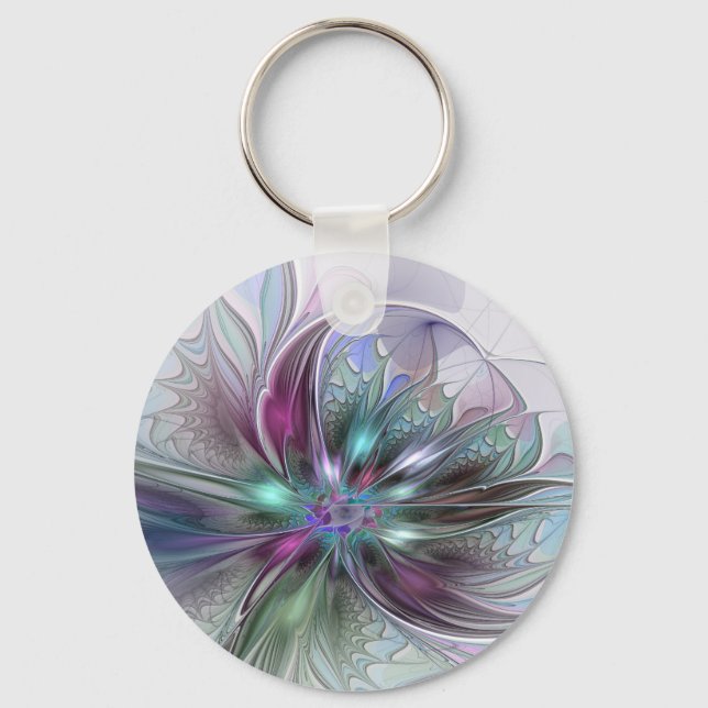 Colorful Fantasy Abstract Modern Fractal Flower Key Ring (Front)