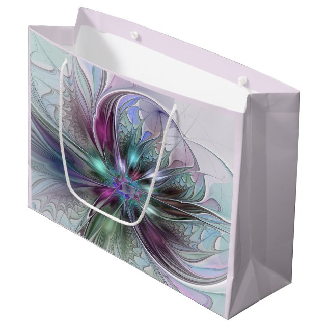 Colorful Fantasy Abstract Modern Fractal Flower Large Gift Bag (Front Angled)