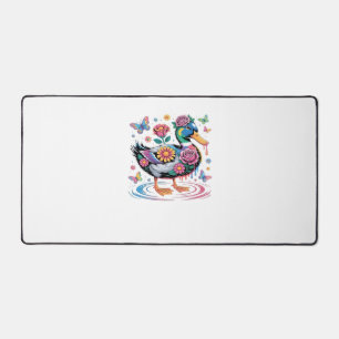 Colorful Fantasy Duck with Flowers and Butterflies Desk Mat