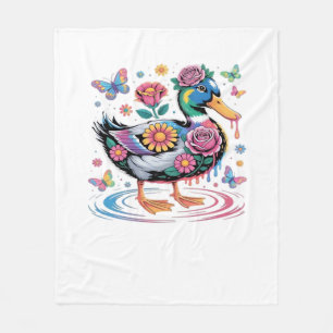 Colorful Fantasy Duck with Flowers and Butterflies Fleece Blanket