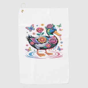 Colorful Fantasy Duck with Flowers and Butterflies Golf Towel