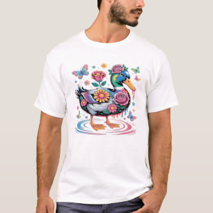 Colorful Fantasy Duck with Flowers and Butterflies T-Shirt