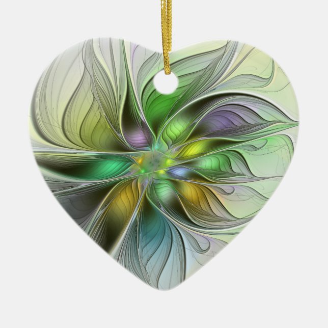 Colorful Fantasy Flower Abstract Fractal Heart Ceramic Tree Decoration (Front)