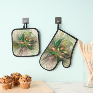 Colorful Fantasy Modern Abstract Fractal Flower Oven Mitt & Pot Holder Set