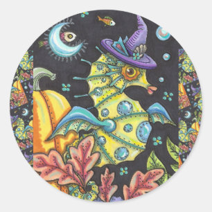 COLORFUL FANTASY SEAHORSE, WITCH IN HALLOWEEN SEA CLASSIC ROUND STICKER