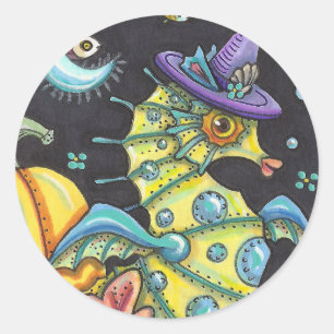 COLORFUL FANTASY SEAHORSE, WITCH IN HALLOWEEN SEA CLASSIC ROUND STICKER