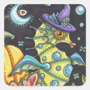 COLORFUL FANTASY SEAHORSE, WITCH IN HALLOWEEN SEA SQUARE STICKER