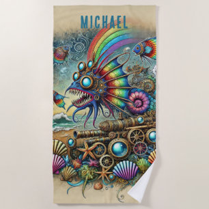 COLORFUL FANTASY STEAMPUNK SEA MONSTER BEACH TOWEL