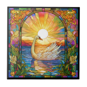 Colorful Faux Stained Glass Swan in the Sunset Tile