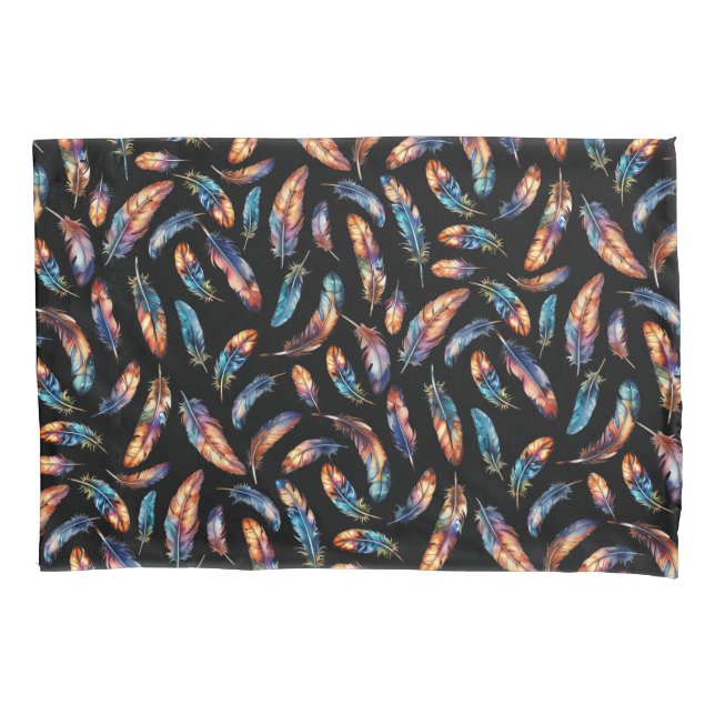 Colorful Feather Art Reversible Boho Graphic Print Pillowcase (Front)