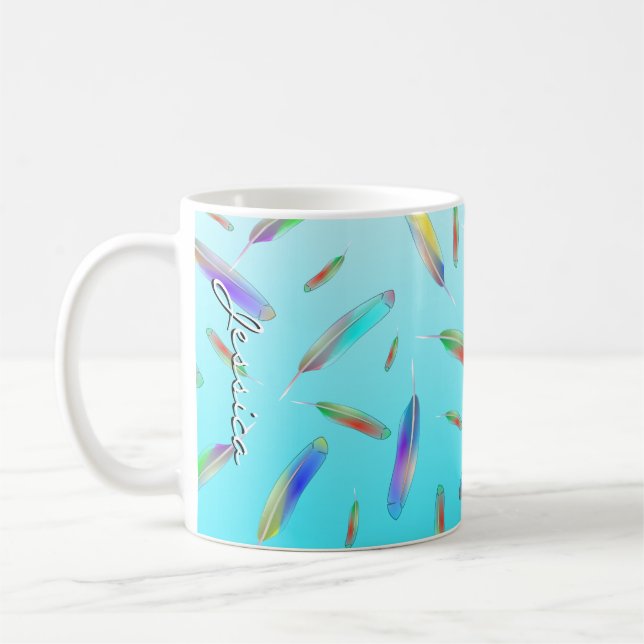 Colorful Feathers Pattern Blue Name Monogram Coffee Mug (Left)
