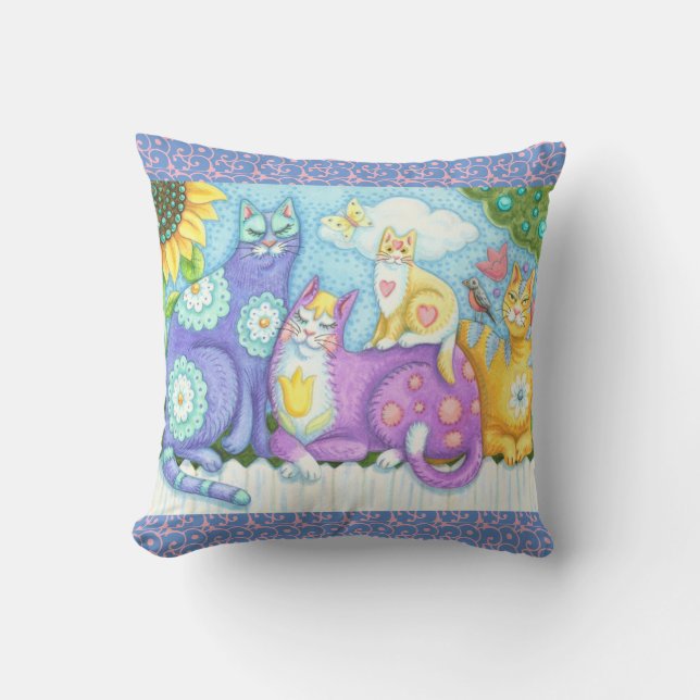 COLORFUL FELINE FRIENDS, CAT THROW PILLOW (Front)