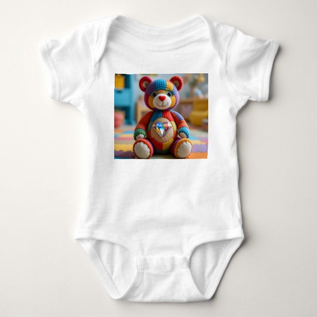 Colorful Felted Teddy Bear Baby Bodysuit (Front)
