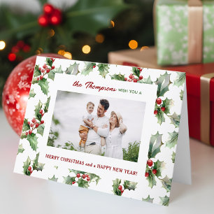 Colorful Festive Christmas Holly One-Photo Holiday Card