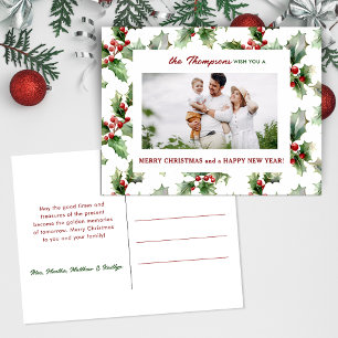 Colorful Festive Christmas Holly One-Photo Holiday Postcard