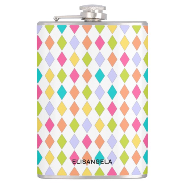 Colorful Festive Geometric Pattern With Name Hip Flask (Front)