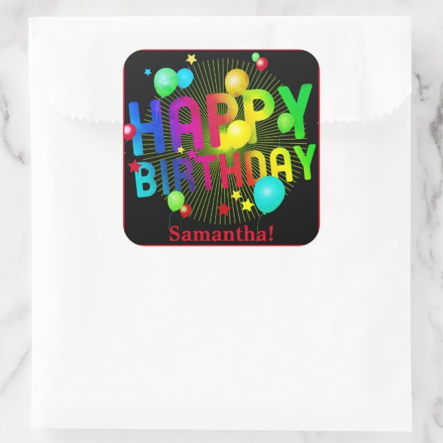 Colorful Festive Happy Birthday Customizable  Square Sticker (Bag)