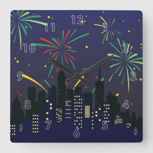 Colorful Fireworks Over the City Skyline Sketch Square Wall Clock