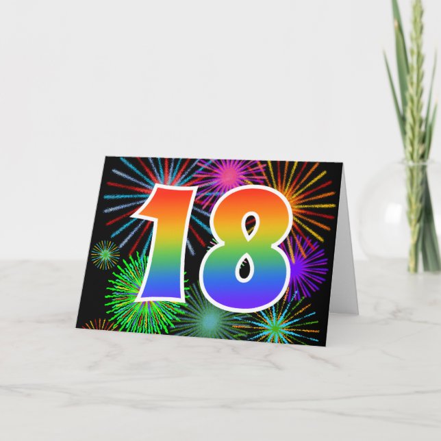 Colorful Fireworks + Rainbow Pattern "18" Event # Card (Front)