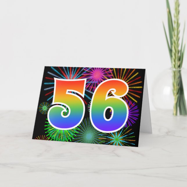 Colorful Fireworks + Rainbow Pattern "56" Event # Card (Front)