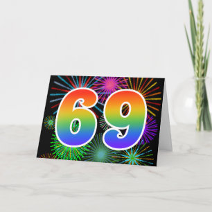 Colorful Fireworks + Rainbow Pattern "69" Event # Card