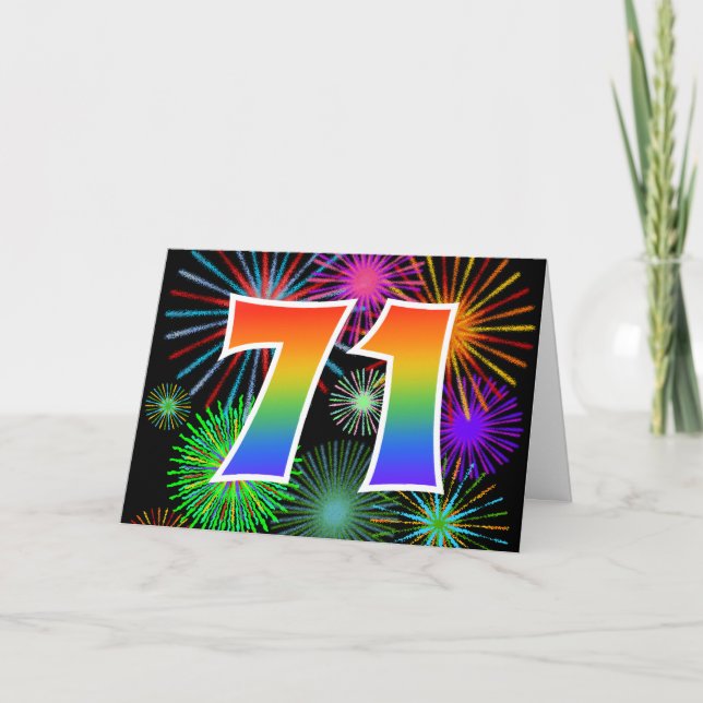Colorful Fireworks + Rainbow Pattern "71" Event # Card (Front)