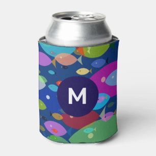 Colorful Fish Abstract Pattern Blue Monogram Can Cooler