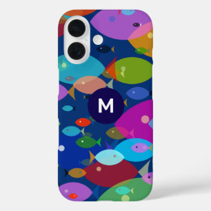 Colorful Fish Abstract Pattern Blue Monogram iPhone 16 Case