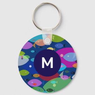 Colorful Fish Abstract Pattern Blue Monogram Key Ring