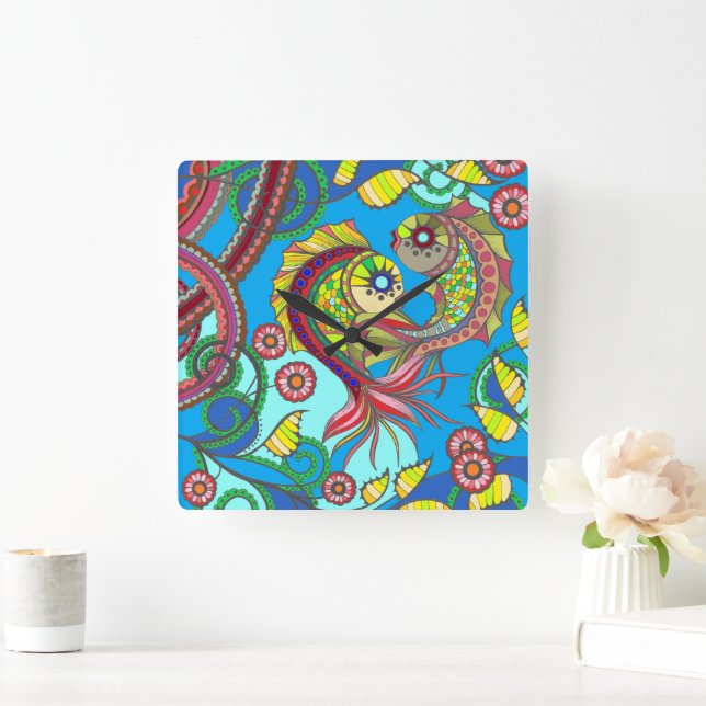 Colorful Fish & Floral Wall Clock (Home)