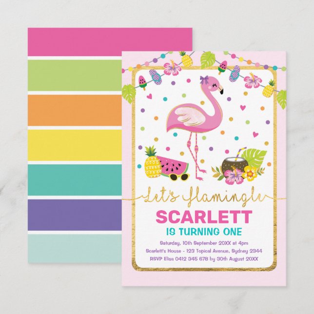 Colorful Flamingo Birthday Girls Tropical Party Invitation (Front/Back)