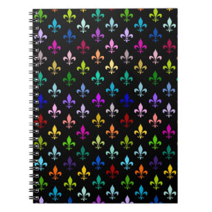 Colorful fleur de lis pattern on black notebook