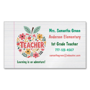 Colorful Floral Apple Teacher Back to School Magnetic Business Card