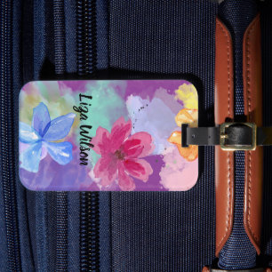 Colorful Floral Art Your Name Luggage Tag