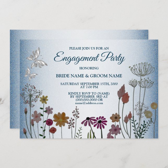 Colorful Floral Blue Glitter Engagement Party Invitation (Front/Back)