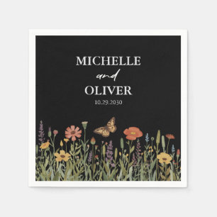 Colorful Floral Boho Wildflower Wedding Black Napkin
