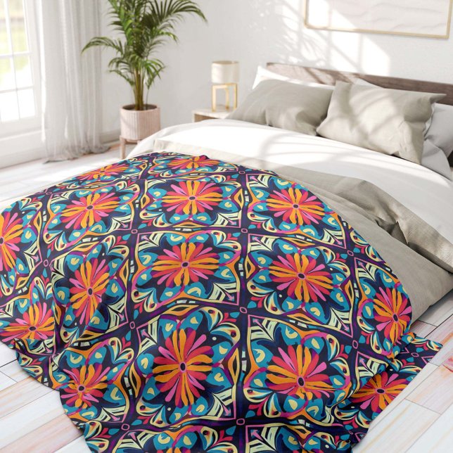 Colorful Floral Diamonds Bohemian  Fleece Blanket (Creator Uploaded)
