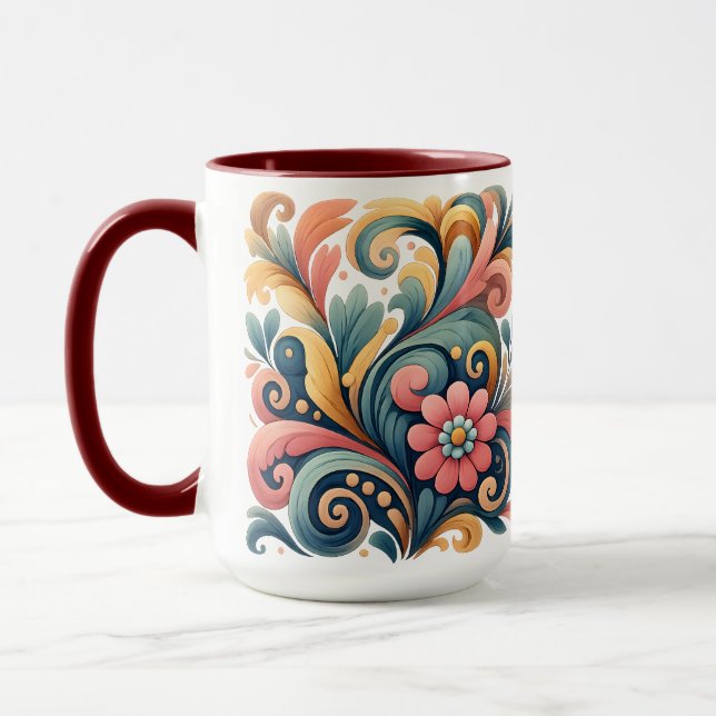 Colorful Floral Folk Art Ceramic Mug (Left)