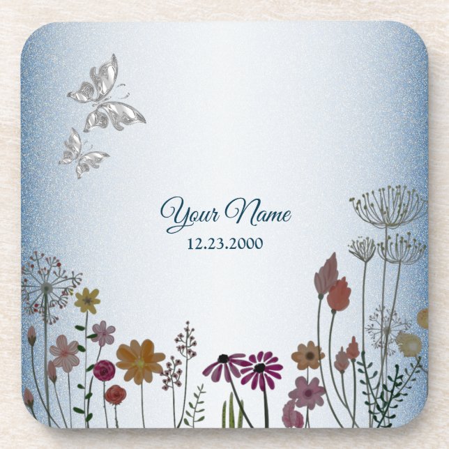 Colorful Floral Garden Blue Glitter Wedding Party Coaster (Front)