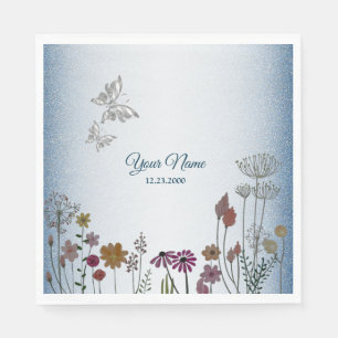 Colorful Floral Garden Blue Glitter Wedding Party Napkin