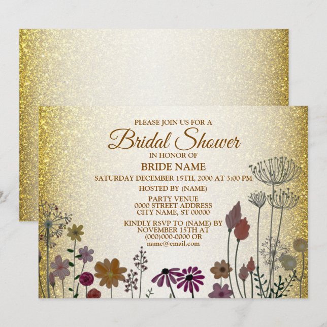 Colorful Floral Garden Gold Glitter Bridal Shower Invitation (Front/Back)