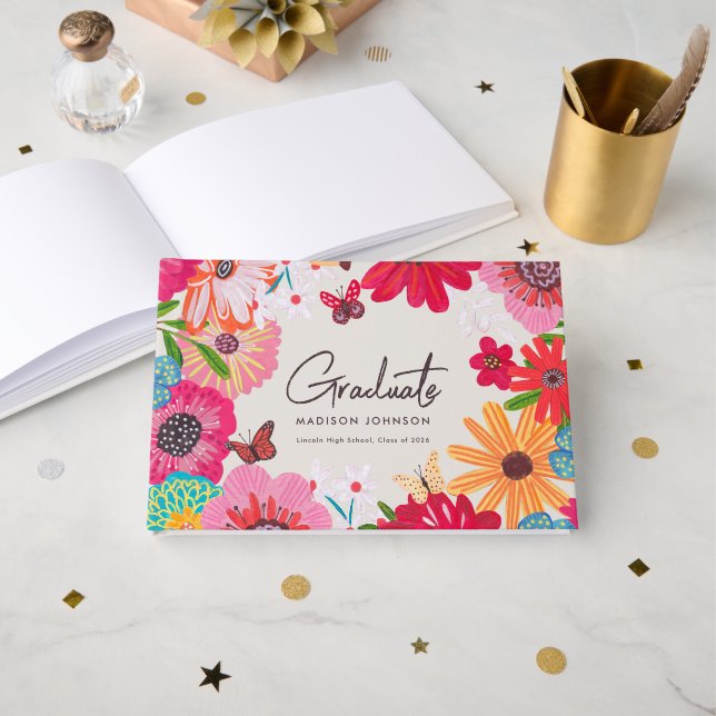 Colorful Floral Graduation Party Guest Signature  Book (Front Open)