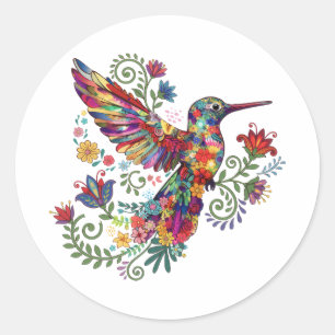Colorful Floral Hummingbird Watercolor Art  Classic Round Sticker