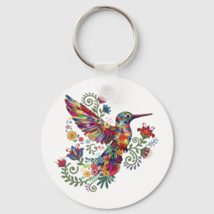 Colorful Floral Hummingbird Watercolor Art Key Ring