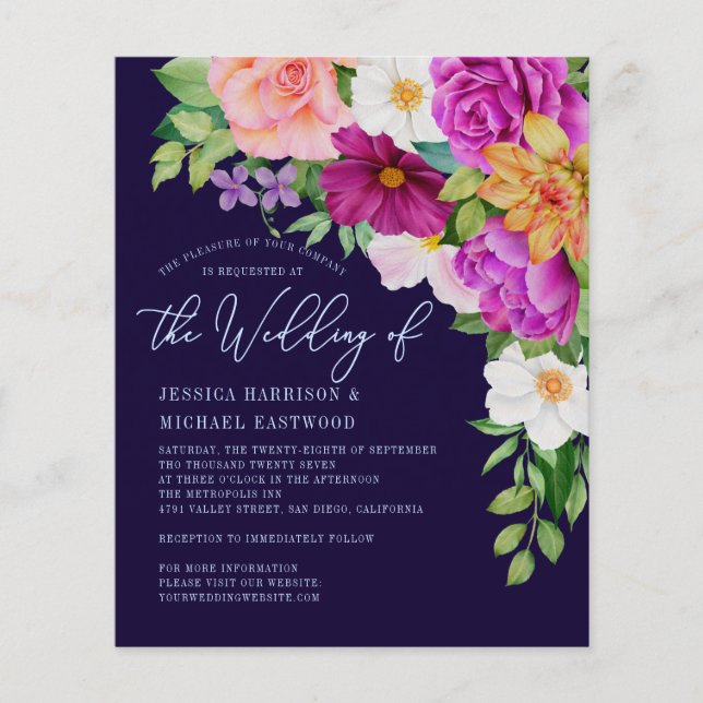 Colorful Floral Navy Blue Wedding Invitation Flyer (Front)