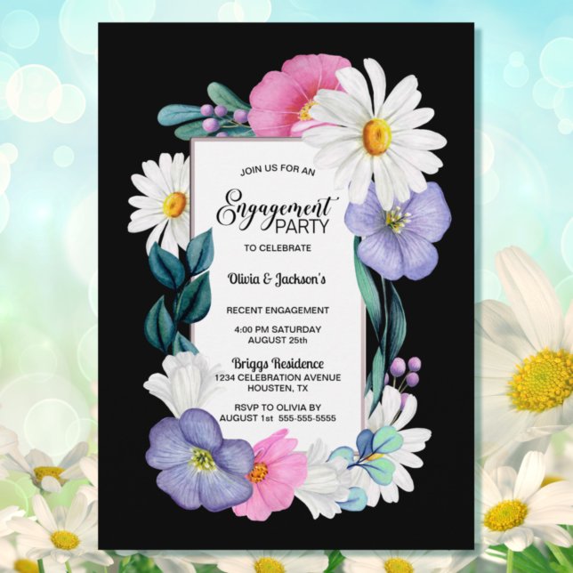 Colorful Floral on Black Engagement Party Invitation (Creator Uploaded)