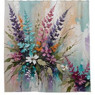 Colorful Floral on Blue Beige White Lavender  Shower Curtain