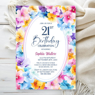 Colorful Floral Oval 21st Birthday Party Invitation